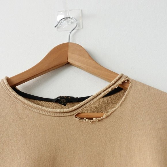 Distressed Camel Sweatshirt Womens XS Cut Out Ripped Pullover  ALALA Cypher USA - Picture 9 of 16